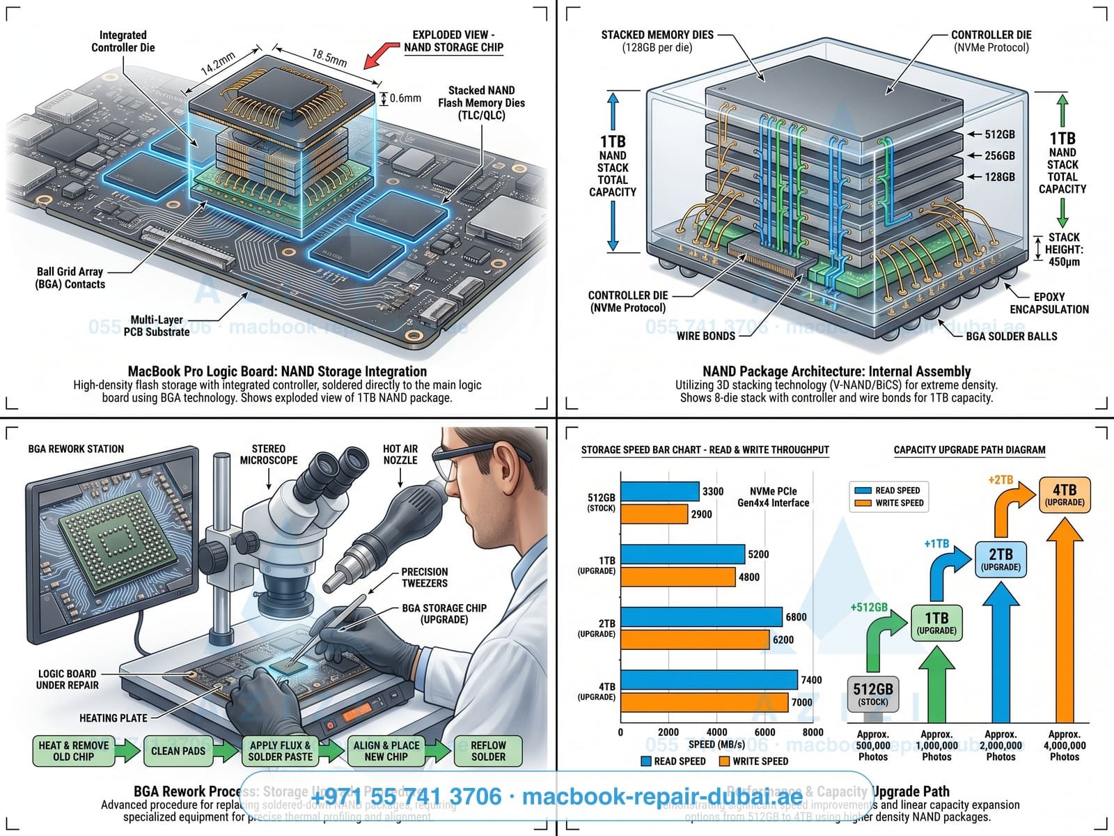 MacBook SSD upgrade Dubai - NVMe storage architecture infographic