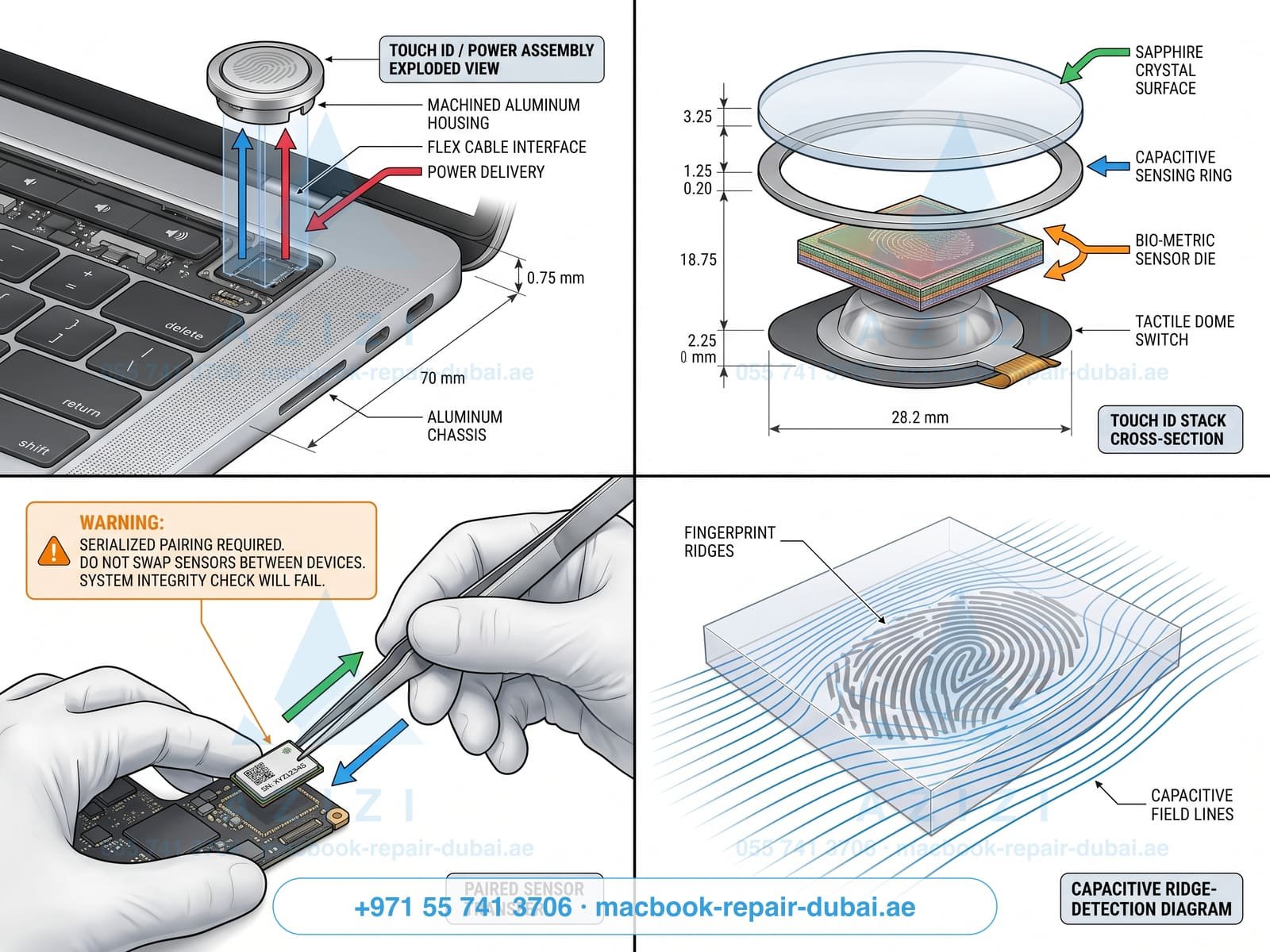 MacBook Touch ID power button repair Dubai - sensor stack infographic