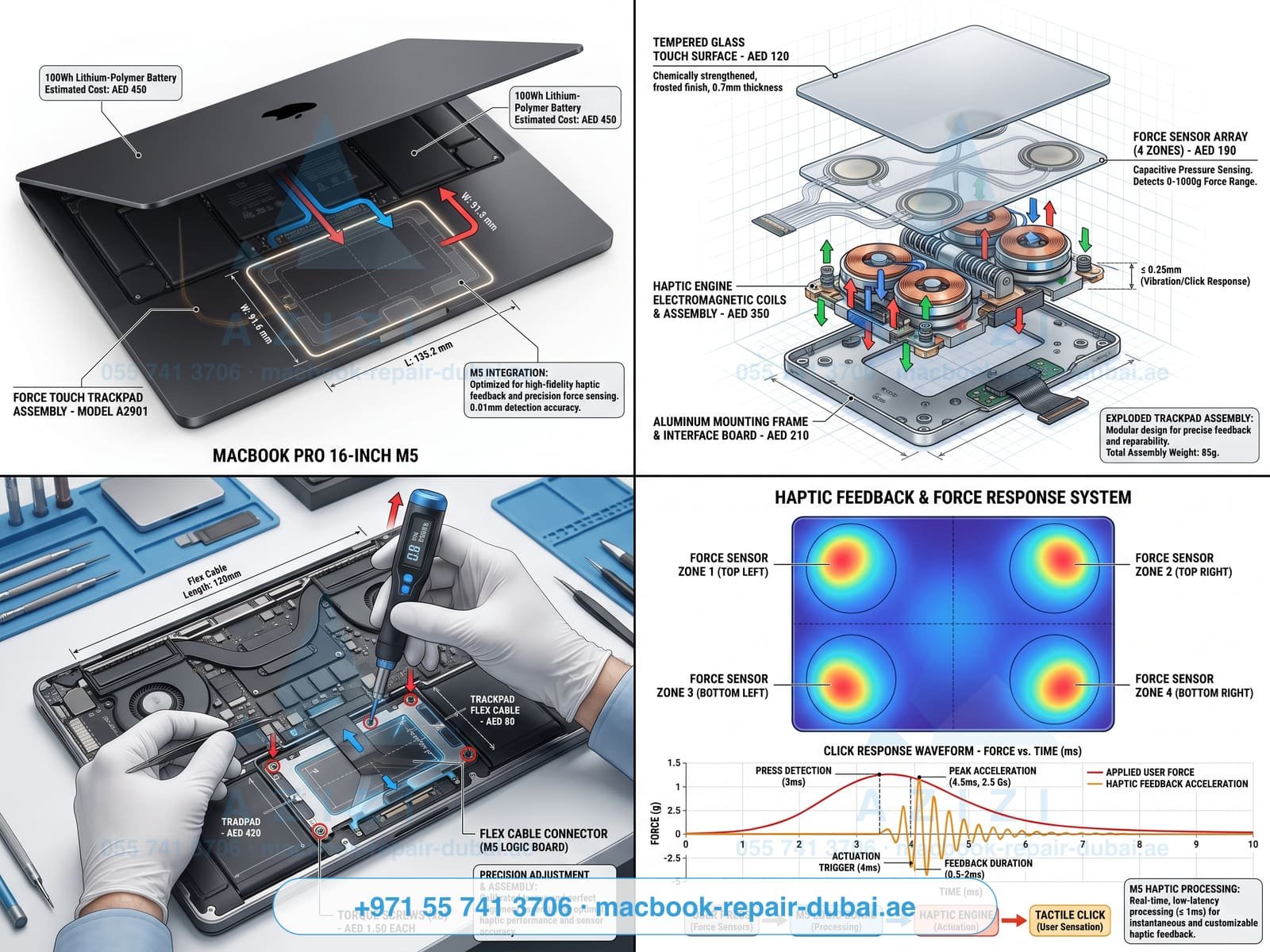 MacBook trackpad repair Dubai - Force Touch haptic engine exploded infographic