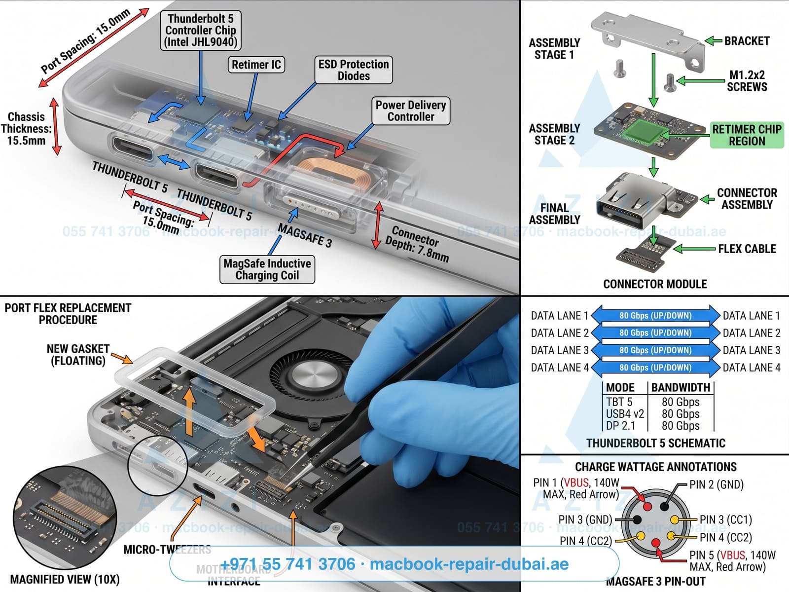 MacBook USB-C Thunderbolt port repair Dubai - port assembly infographic
