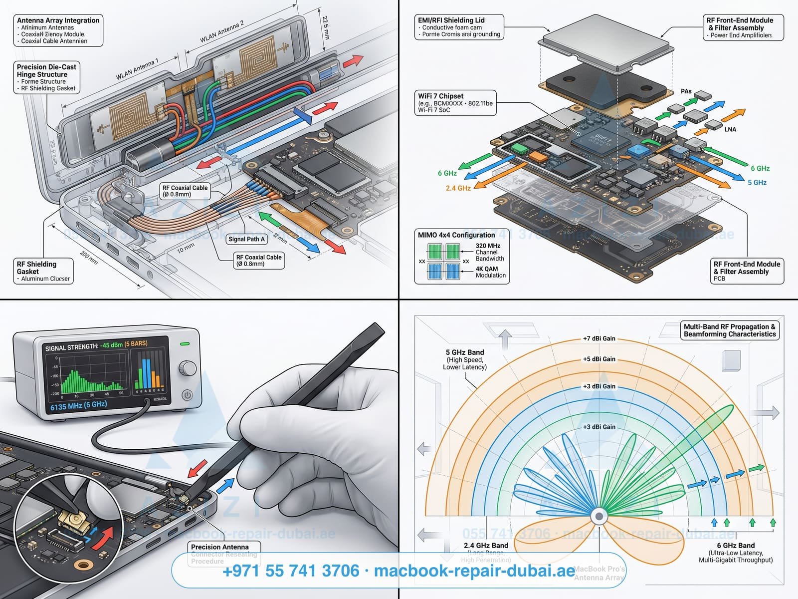 MacBook WiFi Bluetooth repair Dubai - antenna module engineering infographic