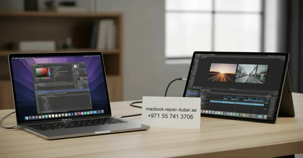 MacBook Pro M4 with Thunderbolt 5 and portable monitor MacBook Pro M4 with Thunderbolt 5 and portable monitor