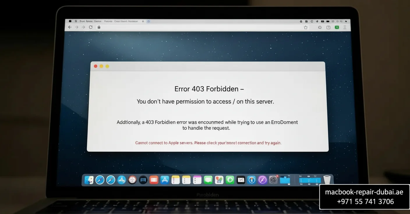 Error 403 Forbidden on MacBook and says can’t connect to Apple servers.